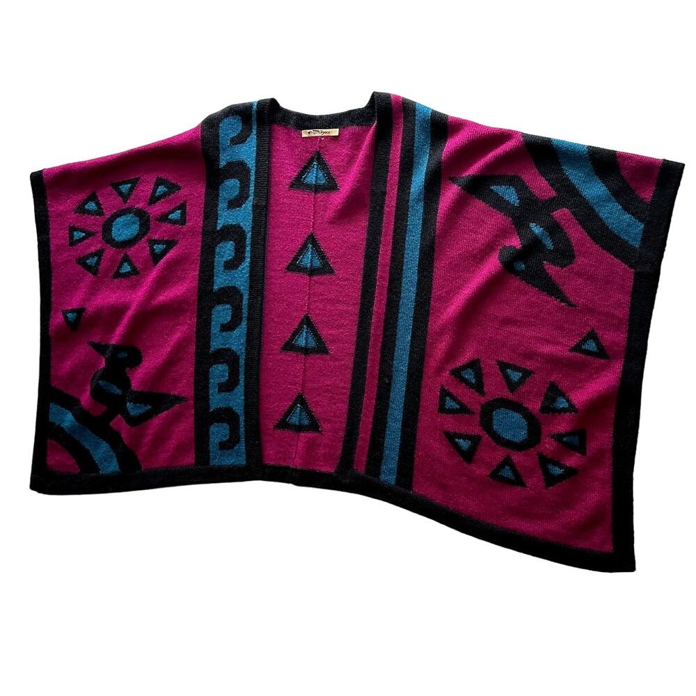 Origin Alpaca Bright‎ South American Graphic Pink Teal Knit Ruana Poncho Wrap OS